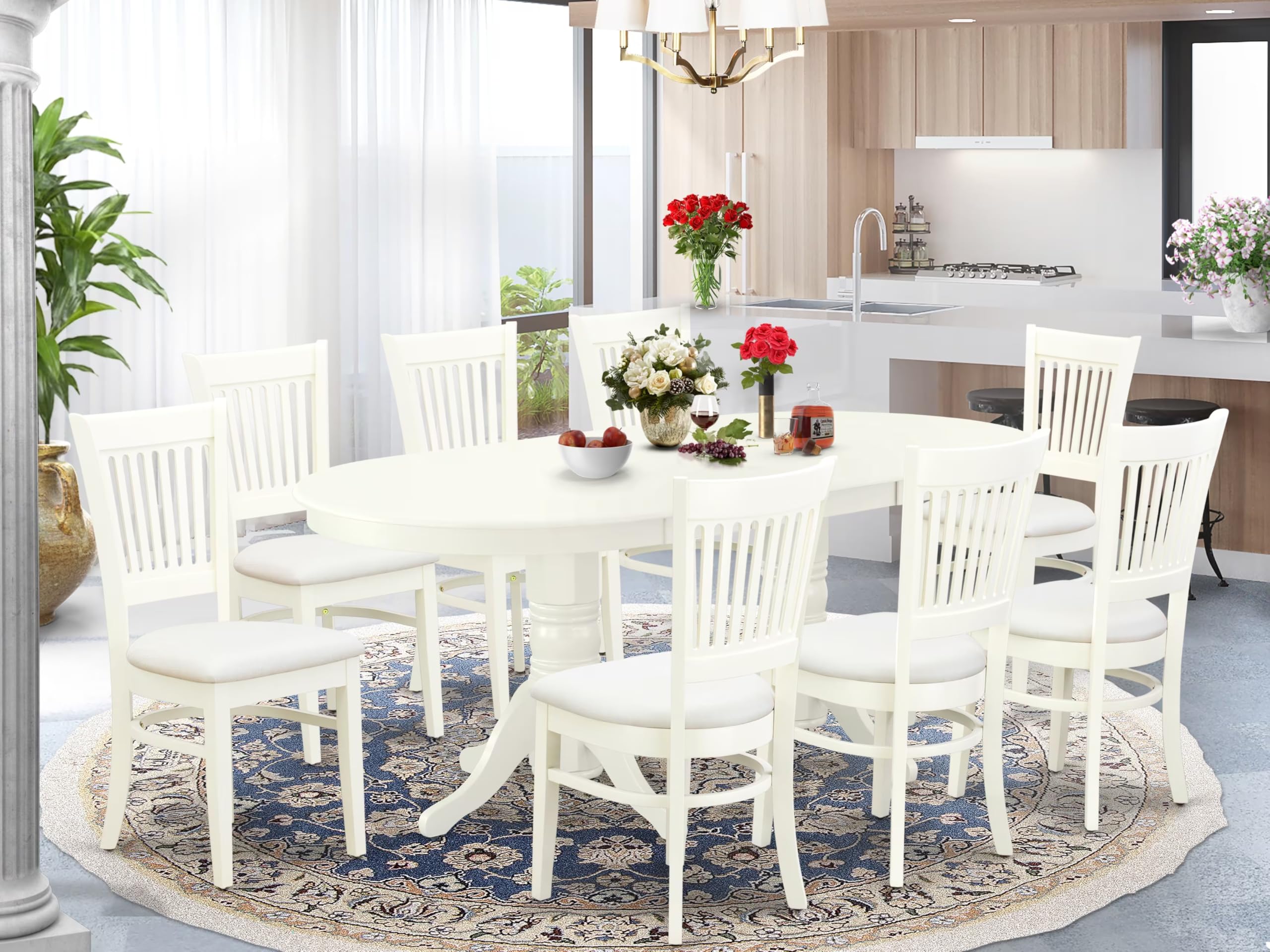 East West Furniture Vava9-Lwh-C 9 Piece Dining Set Includes An Oval Dining Room Table With Butterfly Leaf And 8 Linen Fabric Upholstered Kitchen Chairs, 40X76 Inch, Linen White